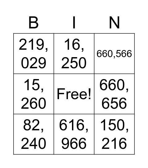 BIG NUMBERS Bingo Card