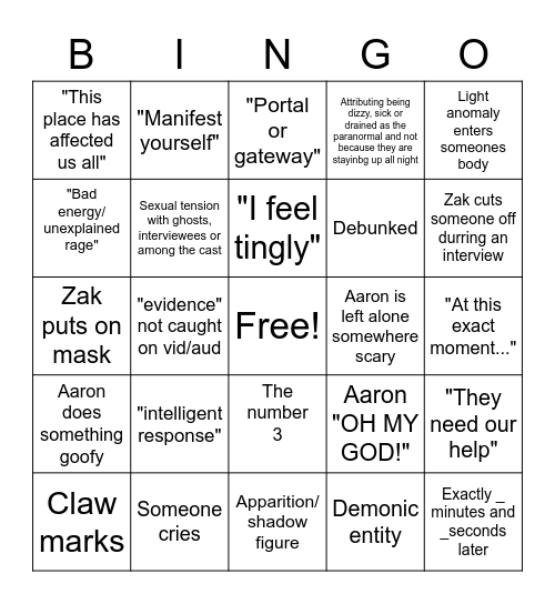 Ghost Adventures Bingo Card