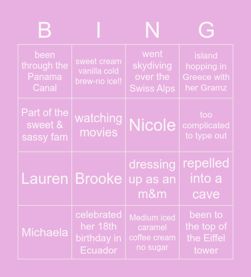 Sweet & Sassy Fam BINGO Card