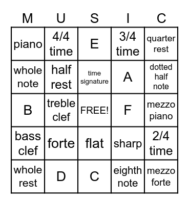 Beginner Music Theory Bingo Card
