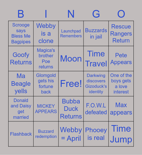 DuckTales Series Finale Bingo Card