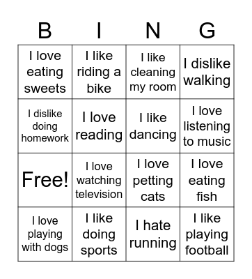Likes and dislikes Bingo Card
