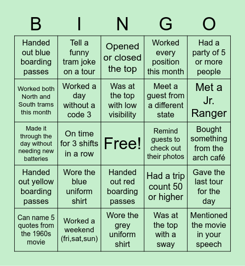 Tour Guide Bingo Card