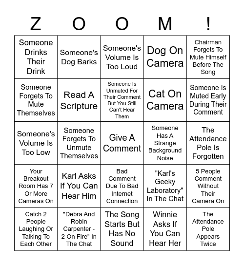 Zoom Meeting Bingo Card