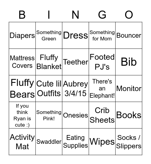 Caitlin's Baby Sprinkle * 2/7/15 Bingo Card