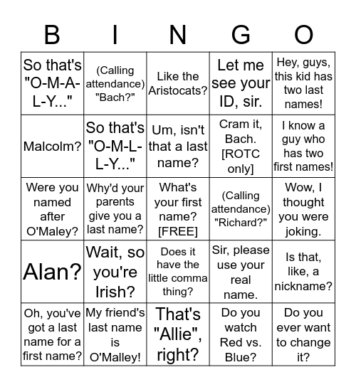 "Hi, my name is O'Malley..." Bingo Card