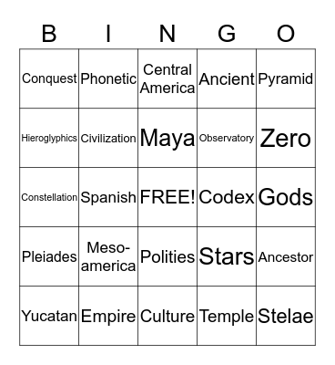 Mayan Vocabulary BINGO Card