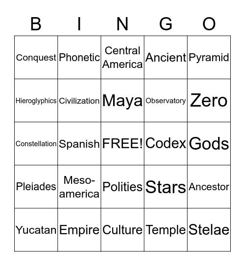 Mayan Vocabulary BINGO Card