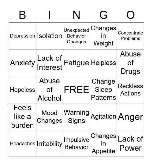 Suicide Prevention: Warning Signs Bingo Card