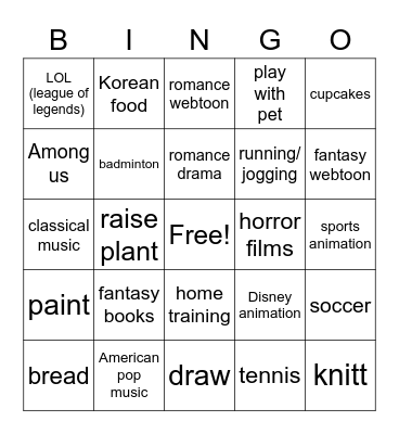 What do you usually do in your free time? Bingo Card