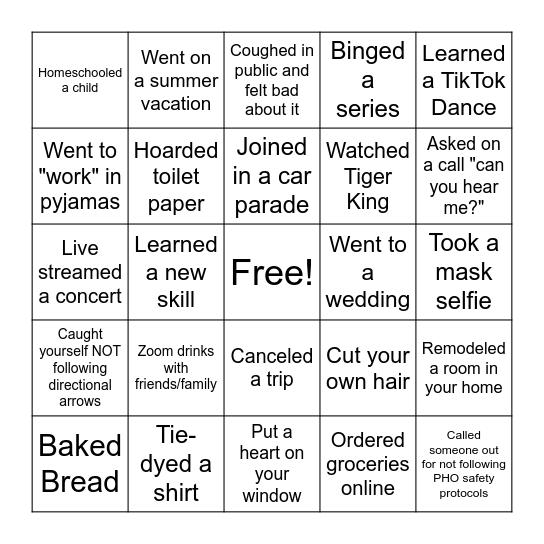 Pandemic Bingo Card