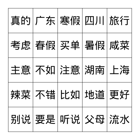 在饭馆儿 Bingo Card