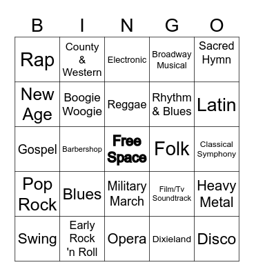 Music Styles Bingo Card