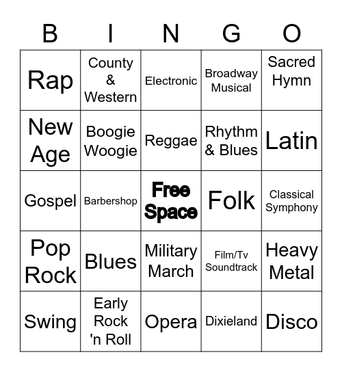 Music Styles Bingo Card
