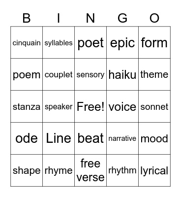 Poetry Bingo Card