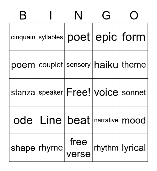 Poetry Bingo Card