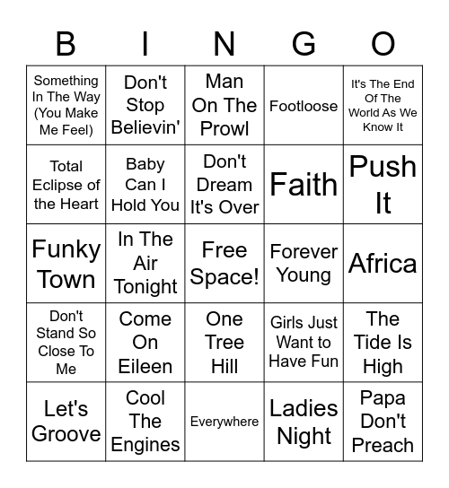 80's Music Bingo Card