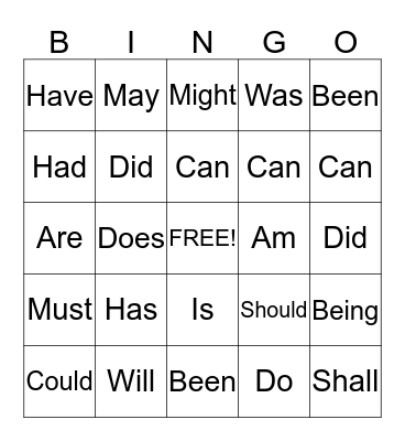 Helping Verbs Bingo Card
