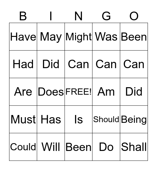 Helping Verbs Bingo Card