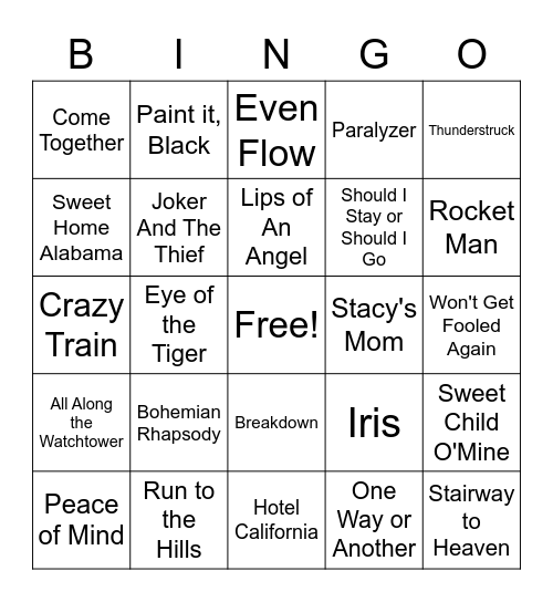 Classic Rock Bingo Card