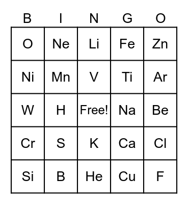 Periodic Table Bingo Card