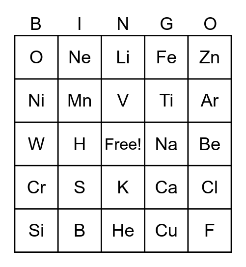 Periodic Table Bingo Card