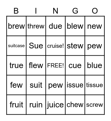 Long u words using ui, ue, ew Bingo Card