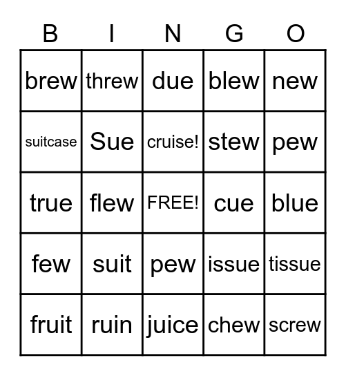 Long u words using ui, ue, ew Bingo Card
