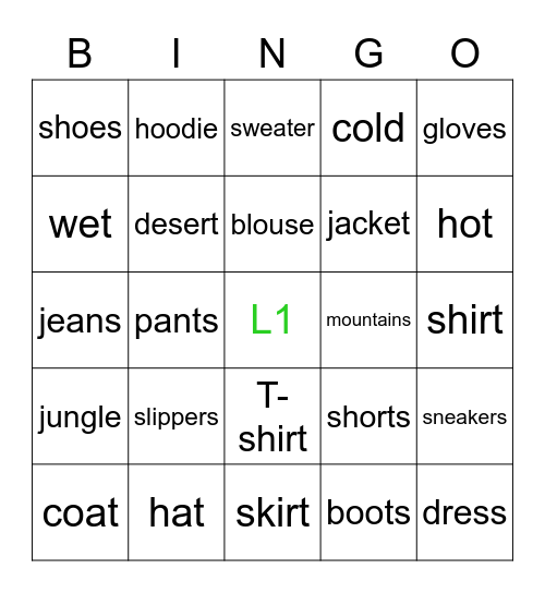 L1 Unit 4 Bingo Card