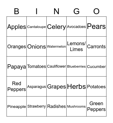 Fruits and Vegetables Bingo Card