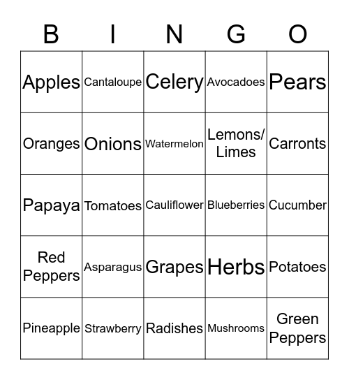 Fruits and Vegetables Bingo Card