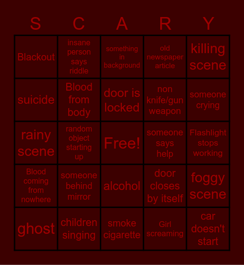 Scary Movie Bingo Card