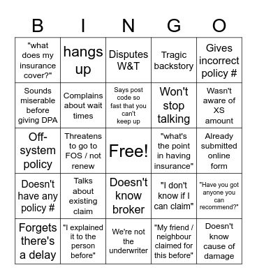 Customer Bingo Card