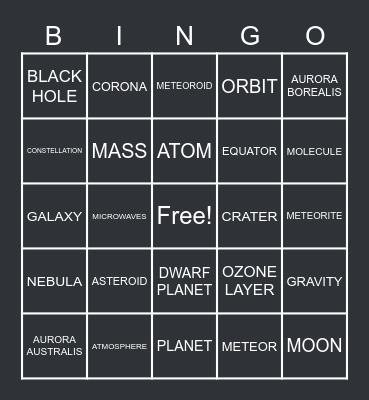 EARTH AND SPACE Bingo Card