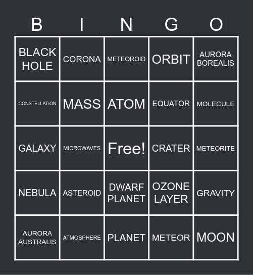 EARTH AND SPACE Bingo Card