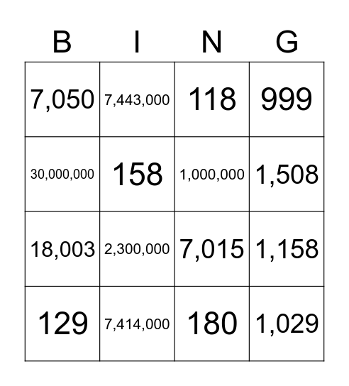 HIGH NUMBERS Bingo Card