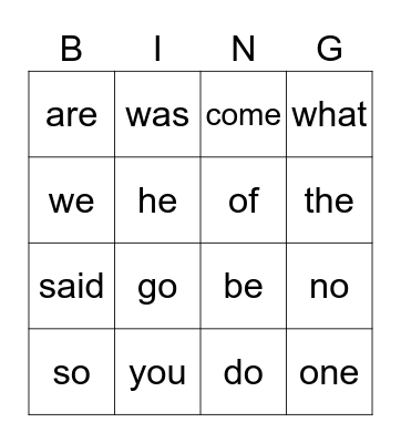 Kindergarten Sight Words Bingo Card