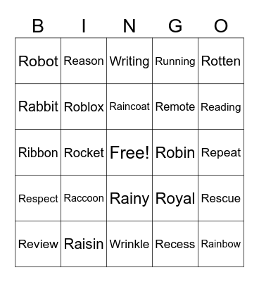 Bi-Syllabic R Bingo Card