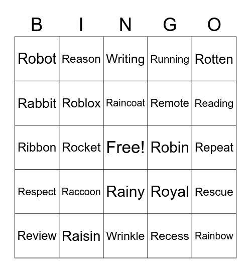 Bi-Syllabic R Bingo Card