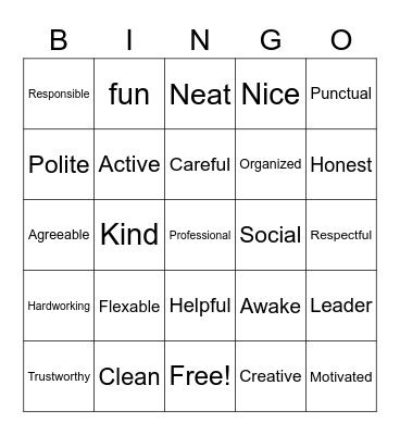 Personality Traits Bingo Card