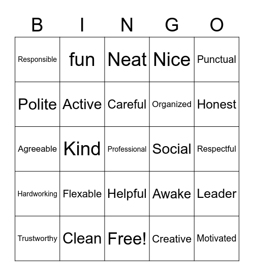 Personality Traits Bingo Card