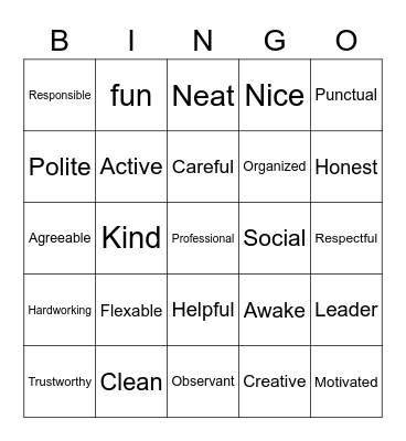 Personality Traits Bingo Card