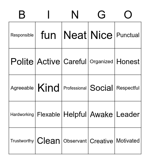 Personality Traits Bingo Card