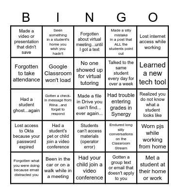 Online Team Building Bingo Card