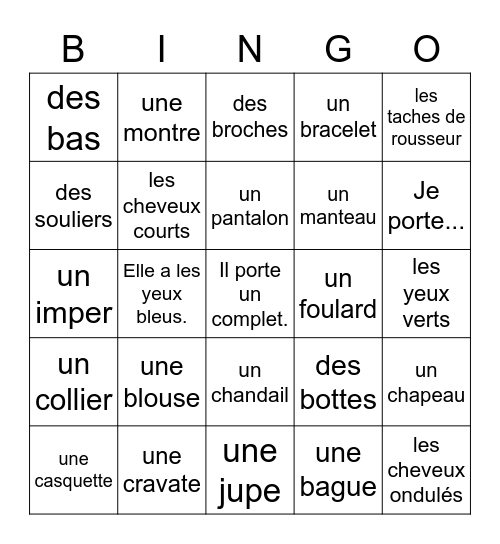 Les Vêtements Bingo Card