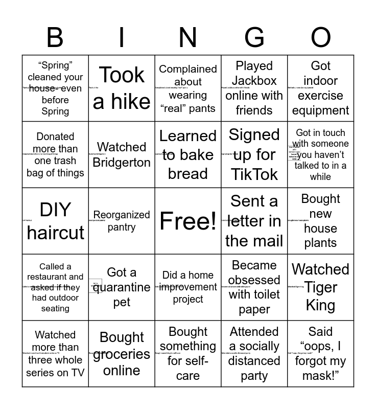 Quarantine Bingo Card