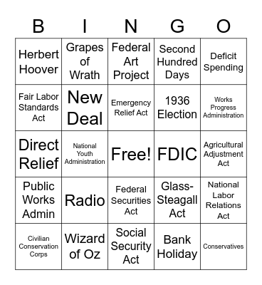 New Deal Bingo Card