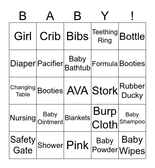 Baby Ava Bingo Card