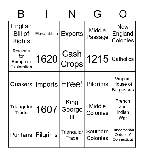 8th Grade Social Studies Bingo Card