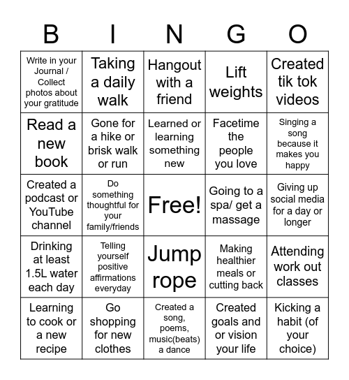 Wellness Bingo Card